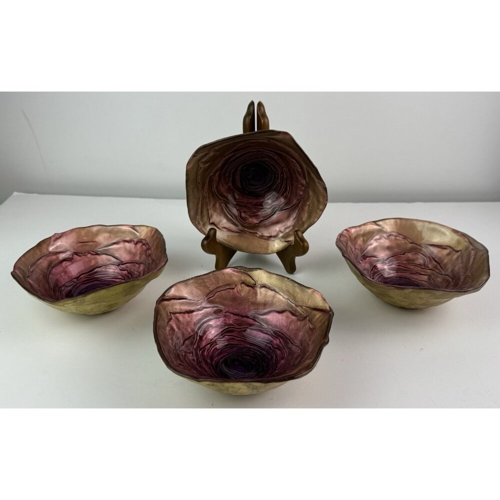 Unique Floral Pink/Purple Swirl Glass Bowls With Painted Gold Bottom - Set of 4